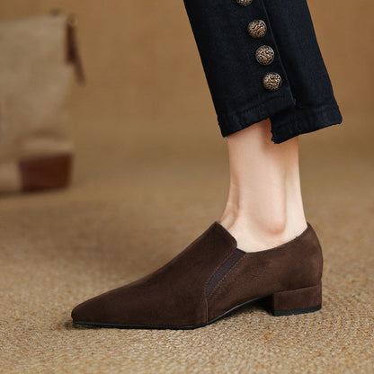 Suede-textured Deep-toe Pointed-toe Chunky-heel Shoes 
