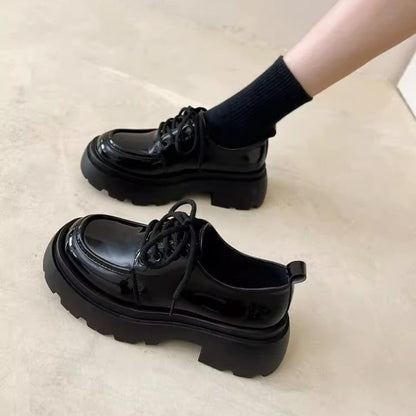 New Years Womens British-Style Chunky Sole Leather Shoes 