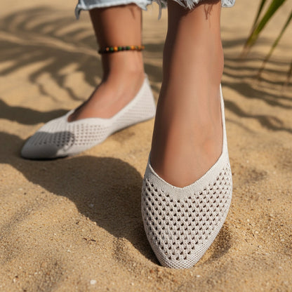 Womens Solid-Colored Pointed-Toe Flat Shoes Casual Fabric Flyknit Loafers 