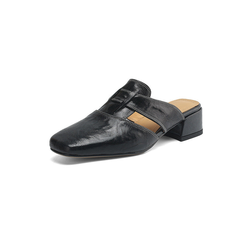 Retro Closed Toe Half Slippers Women's Summer Low Heel Thick Heel Rear Empty Sandals 