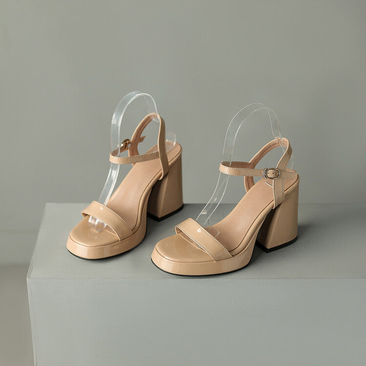 Womens Solid-color Round-toe Chunky-heel Sandals 