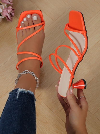 Versatile Thin-Strap High-Heel Minimalist Solid-Colored Square-Toe Chunky-Heel Open-Toe Womens Shoes 