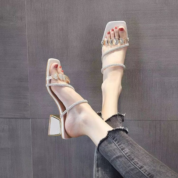Women's Korean Style Slide Sandals Summer Outdoor Wear Chunky Heel Fashion Rhinestone Sandals 2026 New Trendy Mid Heel Single Strap Women's Shoes 