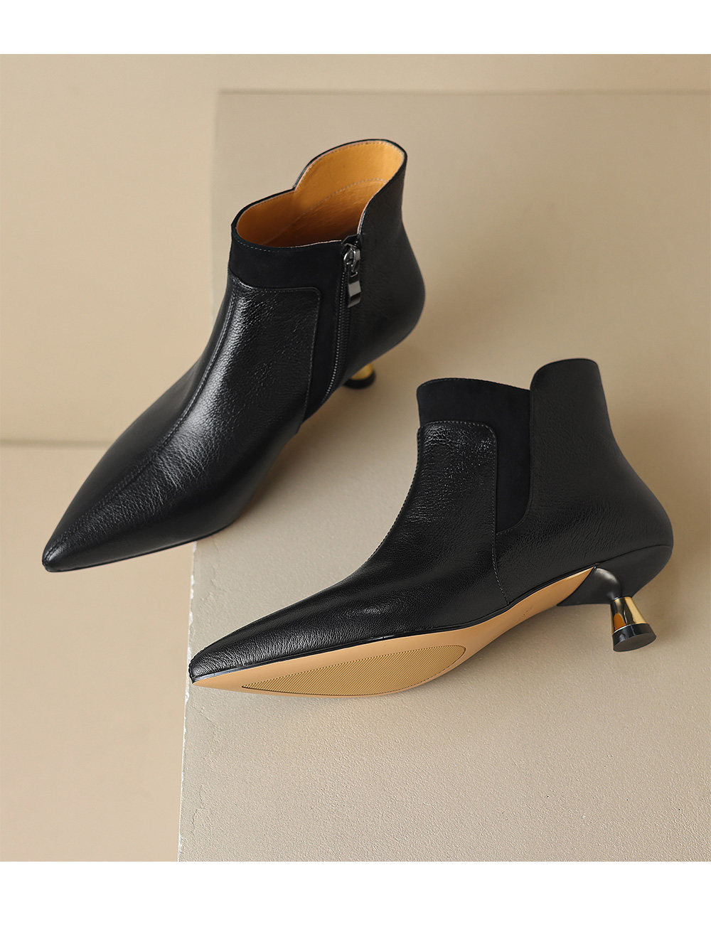 Genuine Leather Pointed-toe Kitten Heel Ankle Boots With A Sleek Mid-heel Design 