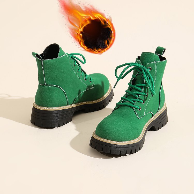 Front Lace-up Suede Ankle Boots With Fleece Lining 