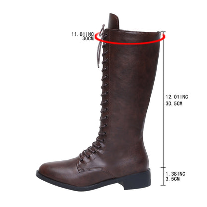 Womens Stylish Round-toe Lace-up Knee-high Boots 