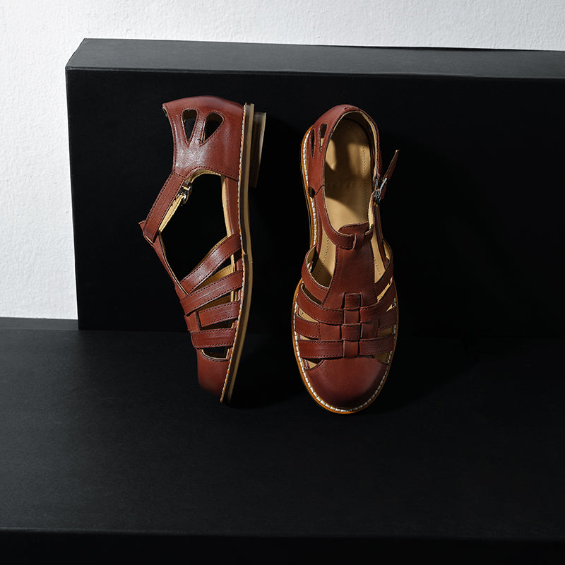 Women's Premium Washed Full Grain Leather Fisherman Sandals, Closed-Toe Woven T-Strap Flats 