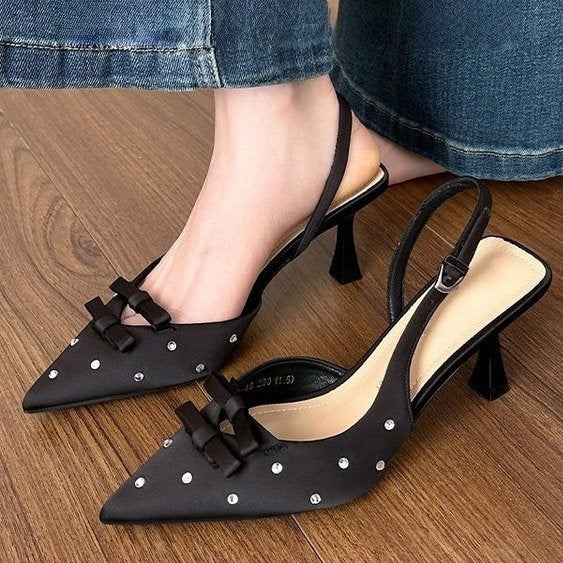 2026 Spring-Summer New Closed Toe Slingback Heeled Sandals For Women, Stiletto Heel With Bowknot, Rhinestone Fashion High Heels, European & American Style 