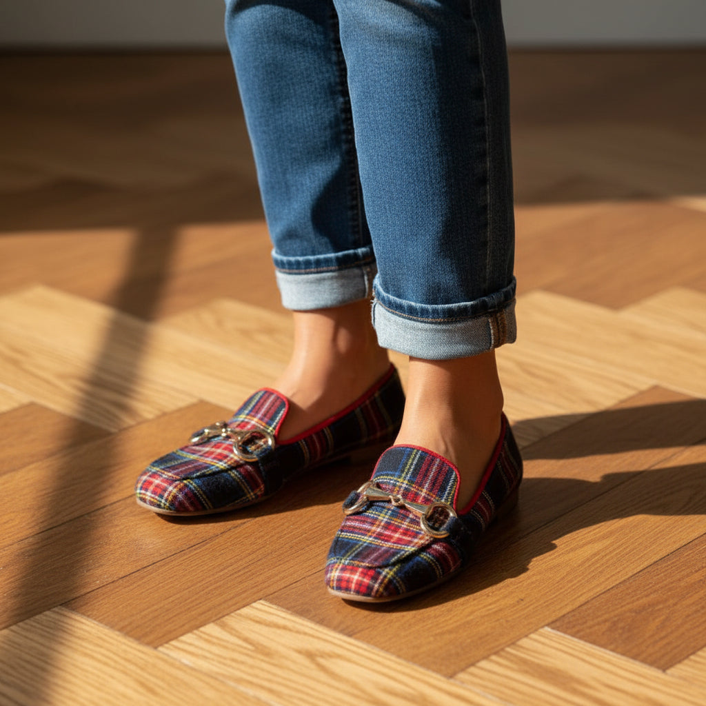 Plaid Casual Flat-Heel Plus-Size Square-Toe Womens Shoes 