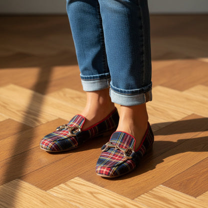 Plaid Casual Flat-Heel Plus-Size Square-Toe Womens Shoes 