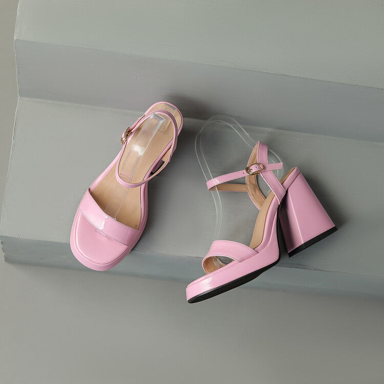 Womens Solid-color Round-toe Chunky-heel Sandals 