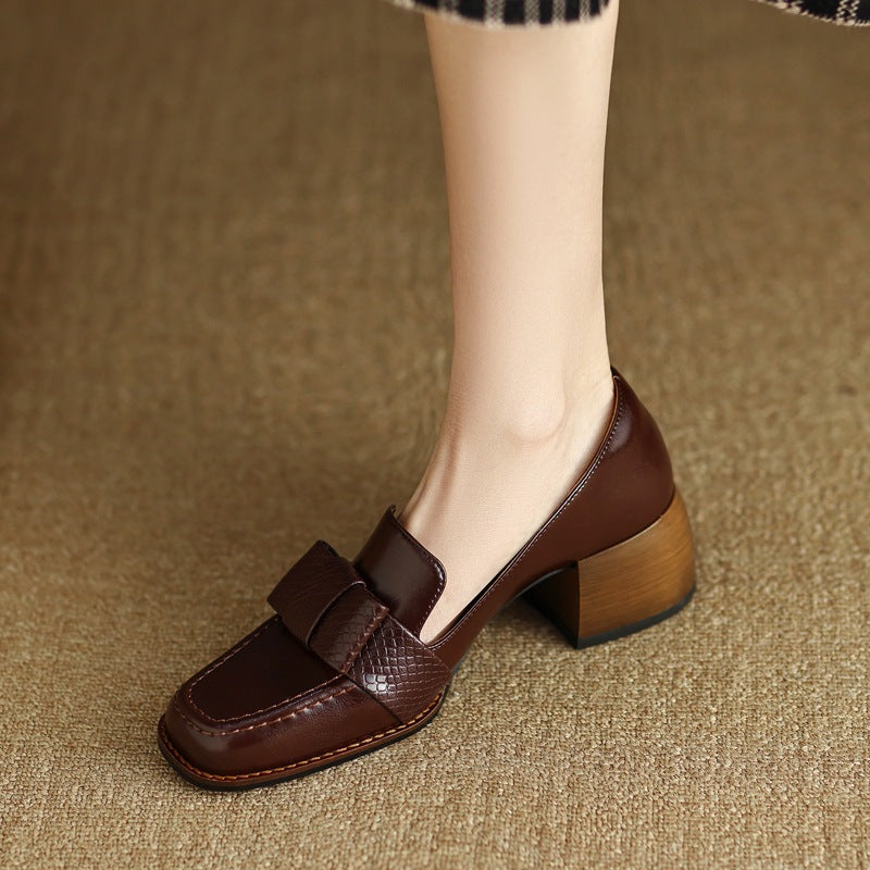 Elegant And Sophisticated Soft Cowhide Commuter Shoes With A Chunky Mid Heel 