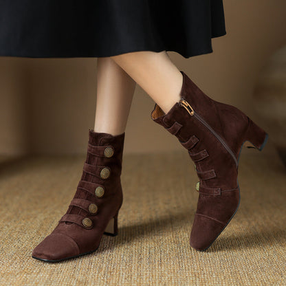 Retro High-heeled Ankle Boots For Women New Autumn Style Suede Round Toe Side Zipper Chunky Heel 