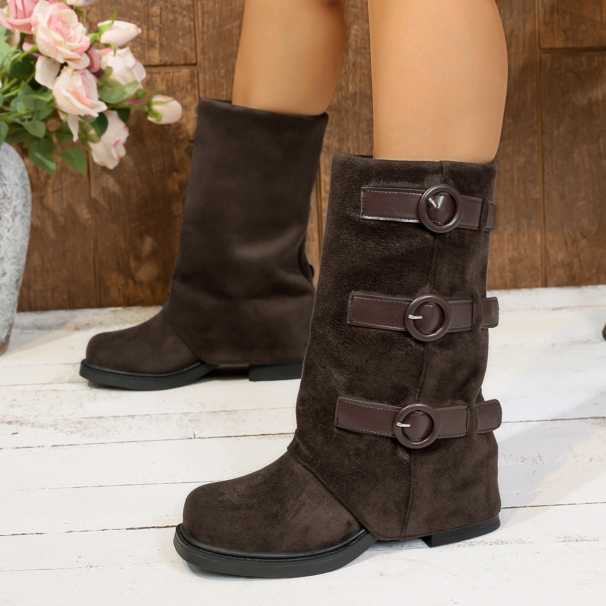 Vintage Suede Belt Buckle Pantyhose Boots CJ