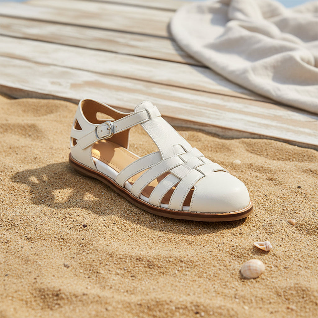 Women's Premium Washed Full Grain Leather Fisherman Sandals, Closed-Toe Woven T-Strap Flats 