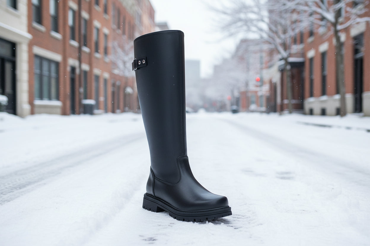 Womens Retro British-Style Leather Belt-Buckle Riding Boots 