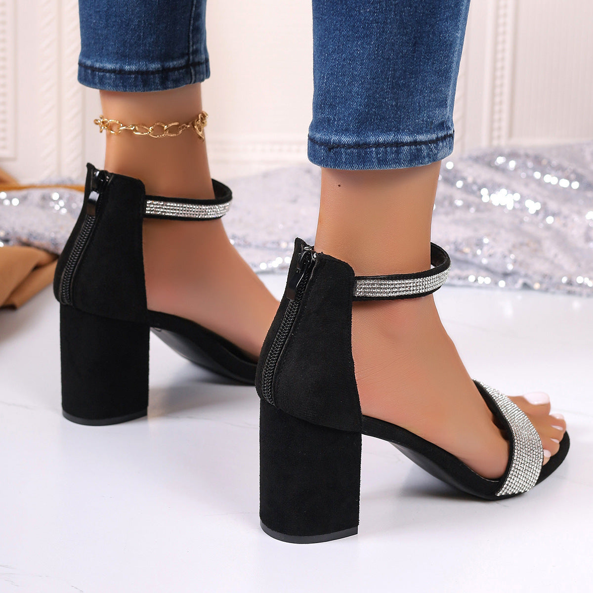 Rhinestone High Heel Sandals Summer Chunky Square Heel Sandals CJ US