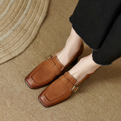 Womens Retro Brown Commuter British Style Leather Shoes With Chunky Heels 