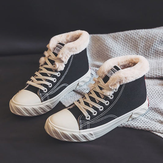 Women's Warm Black Winter Thick Flat High-top With Velvet Canvas Shoes 