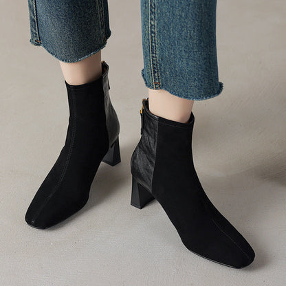 Womens Korean-style Square-toe Leather Chunky-heel Patchwork Ankle Boots 