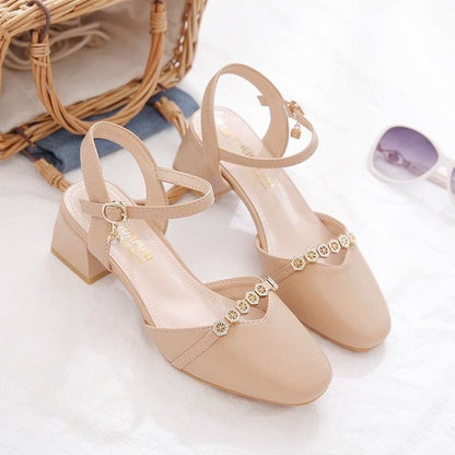 Mid-heel Fairy-style Slingback Soft Leather Square-toe Pumps 