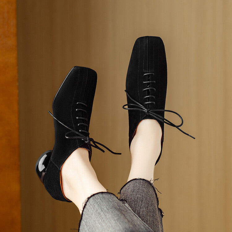 Womens New Retro Sheepskin Chunky-Heel Pumps With A Square Toe 