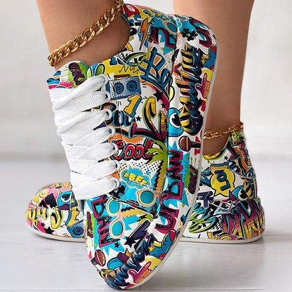 Women's Casual Round Toe Thick Sole Lace-Up Sneakers, Random Print Design, Comfortable Sporty Shoes For Daily Wear CJ US
