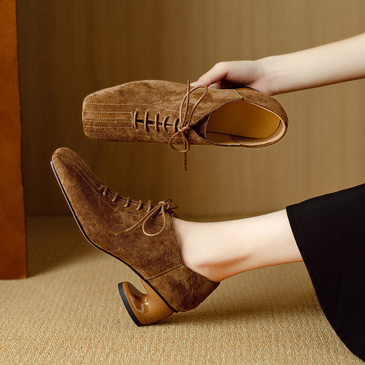 Womens New Retro Sheepskin Chunky-Heel Pumps With A Square Toe 