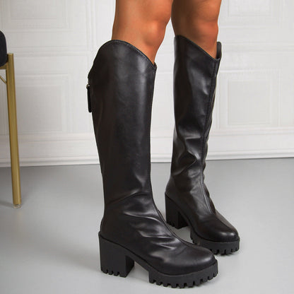 Thick High-heel Knee-high Boots V-neck Black Boots 