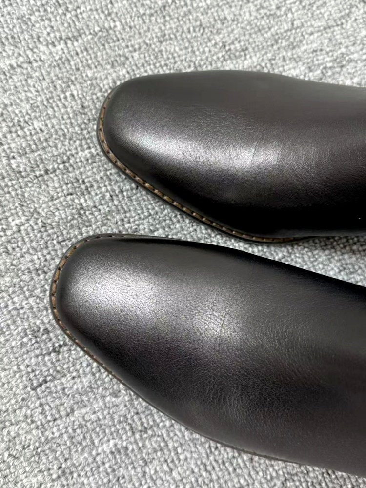 Mid-heel Chunky-heel Retro Square-toe Matte Leather Womens Boots 