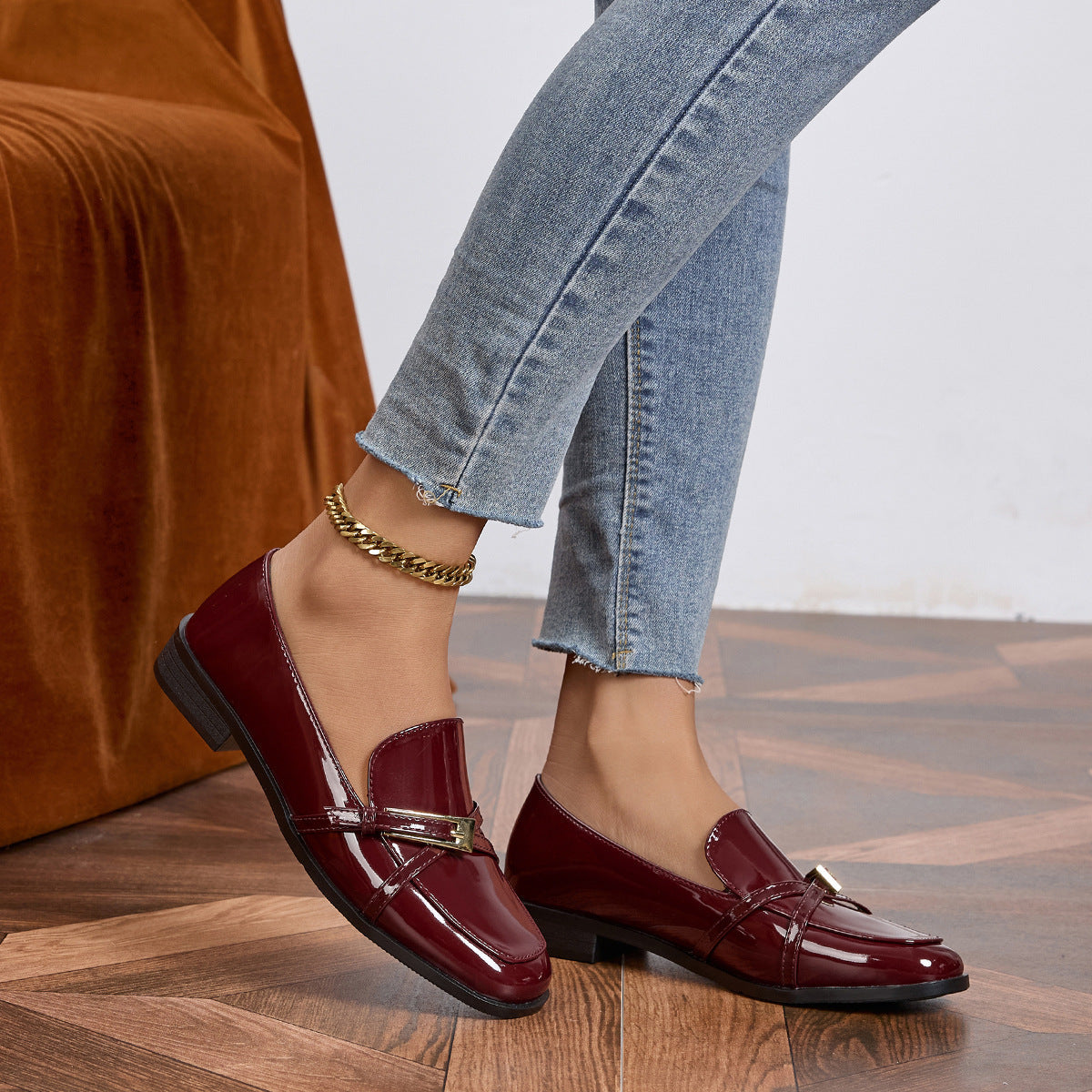 Casual All-Match Patent Leather Square Toe Leather Shoes 