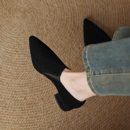 Suede-textured Deep-toe Pointed-toe Chunky-heel Shoes 