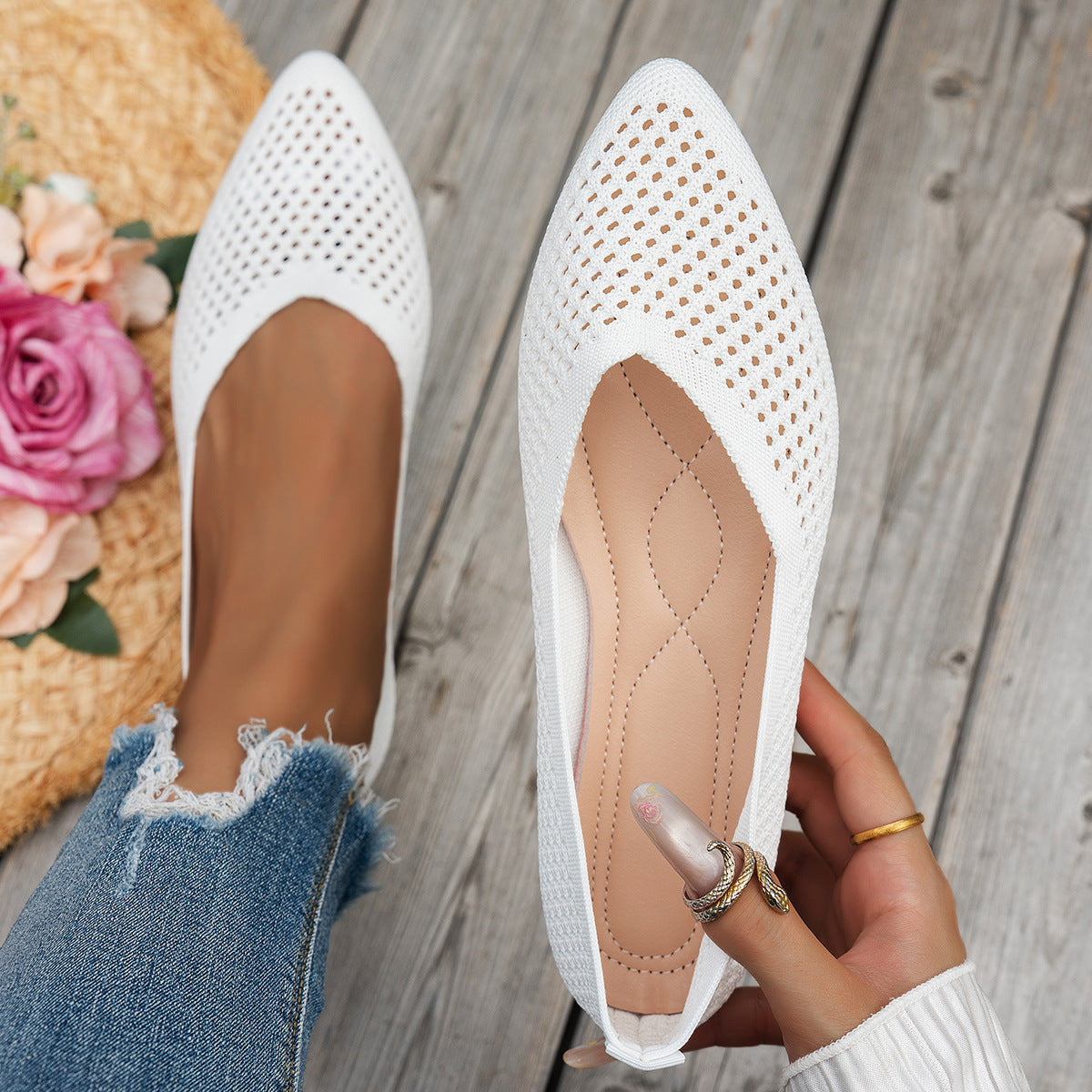 Womens Solid-Colored Pointed-Toe Flat Shoes Casual Fabric Flyknit Loafers 