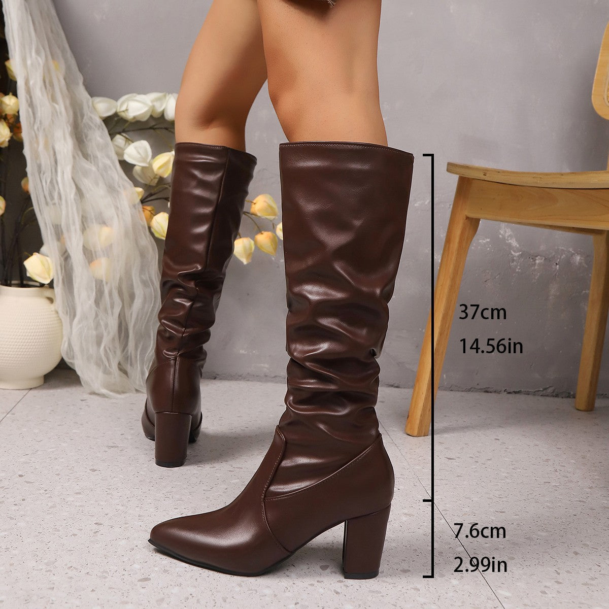 Pointed Pleated Sleeve High Heel Fashion Boots CJ