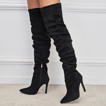 European And American Pointed Toe Suede High Zipper Stiletto Heel Boots CJ
