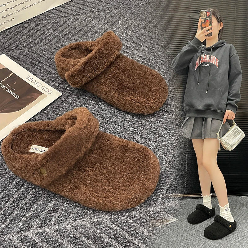 Winter 2025 Cotton Drag Outside Flat Fluffy Slippers 