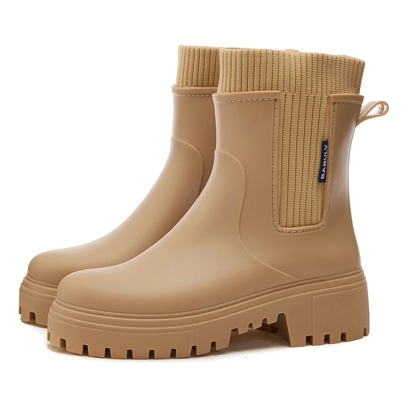 Rain boots women's four seasons fashion outdoor mid-tube waterproof non-slip rubber shoes fashion rain boots with cotton cover 