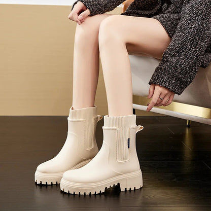 Rain boots women's four seasons fashion outdoor mid-tube waterproof non-slip rubber shoes fashion rain boots with cotton cover 