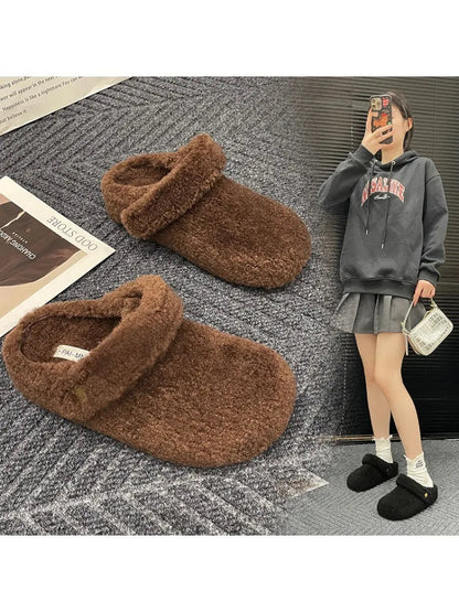 Winter 2025 Cotton Drag Outside Flat Fluffy Slippers 
