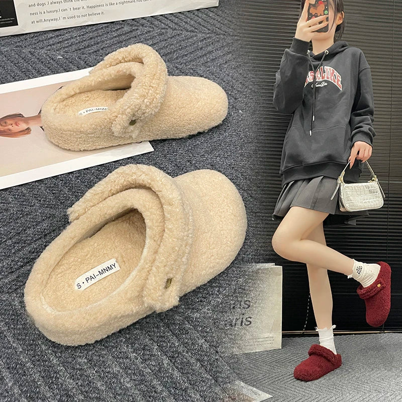 Winter 2025 Cotton Drag Outside Flat Fluffy Slippers 