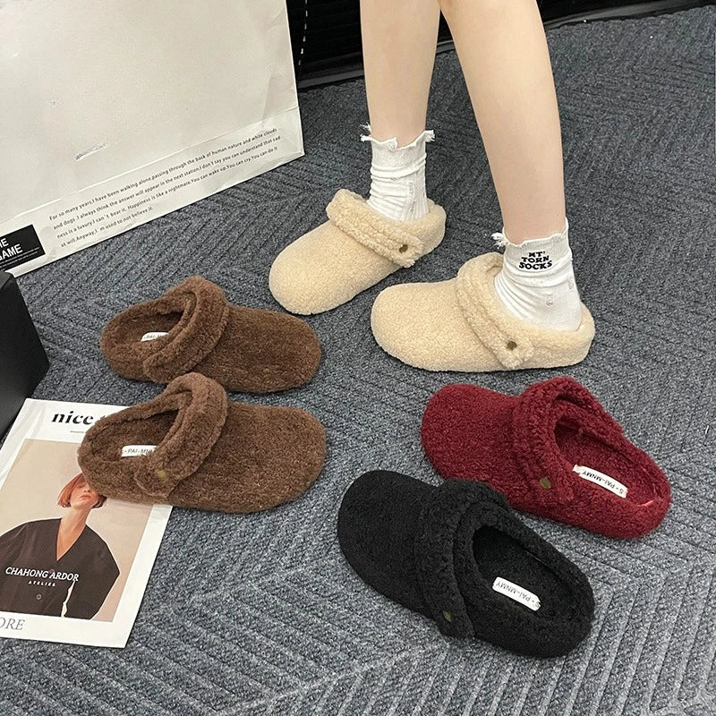 Winter 2025 Cotton Drag Outside Flat Fluffy Slippers 