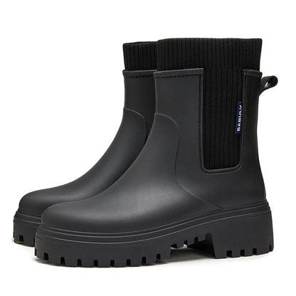 Rain boots women's four seasons fashion outdoor mid-tube waterproof non-slip rubber shoes fashion rain boots with cotton cover 