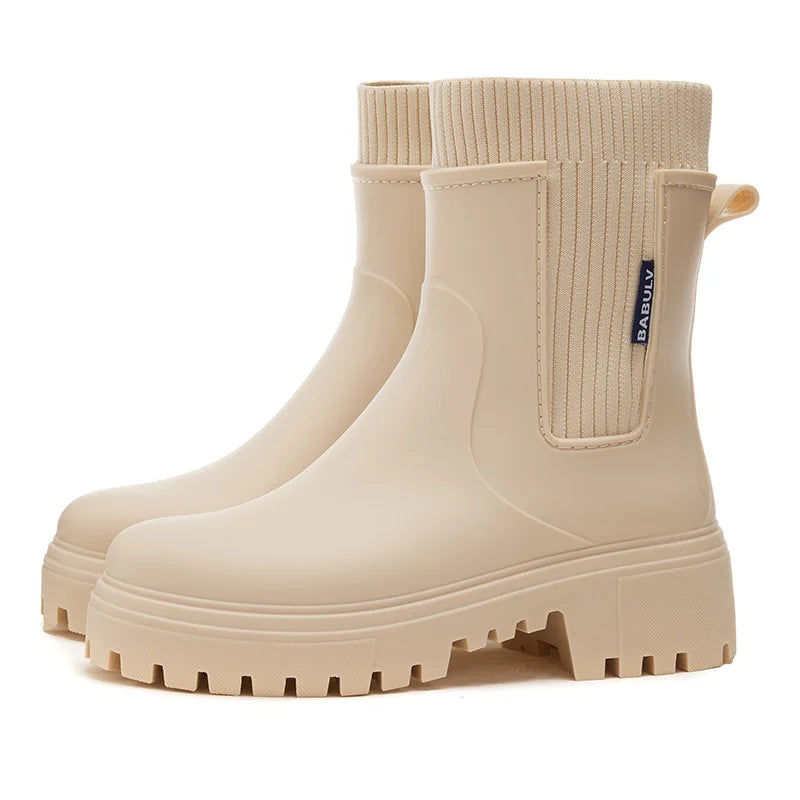 Rain boots women's four seasons fashion outdoor mid-tube waterproof non-slip rubber shoes fashion rain boots with cotton cover 