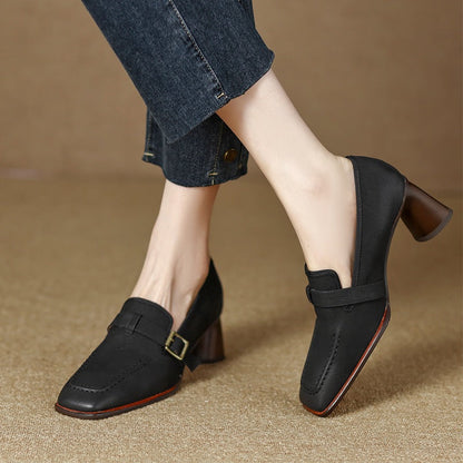 Womens Retro Brown Commuter British Style Leather Shoes With Chunky Heels 
