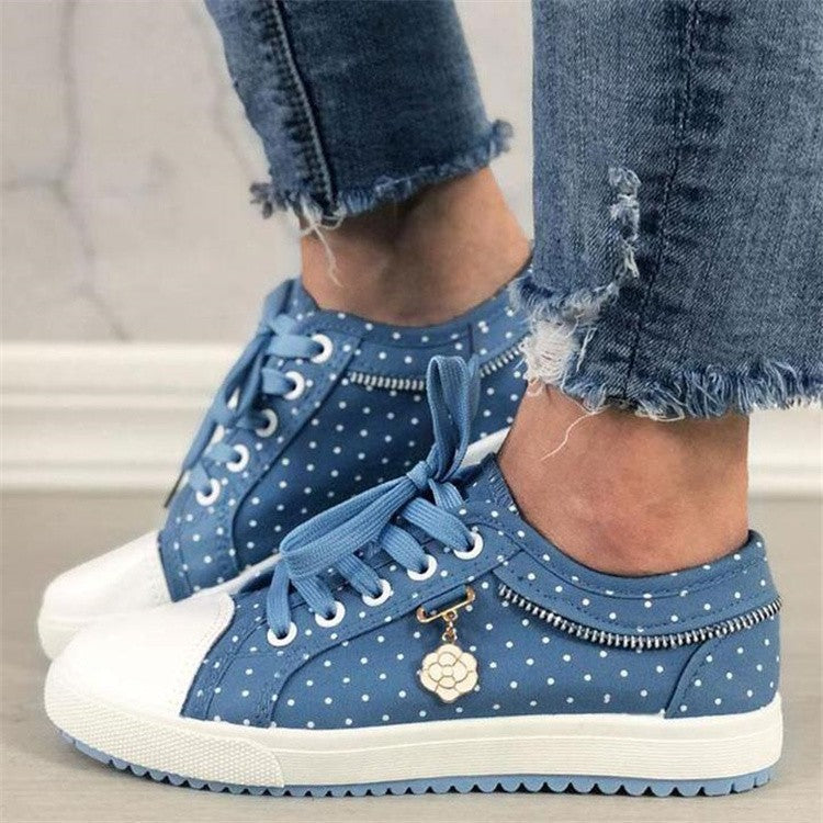 Floral Embroidered Polka Dot Print Sneakers — Women’s Casual Canvas Shoes 