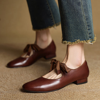 French-style Vintage Low-heeled Leather Shoes For Women Round Toe Low Cut 