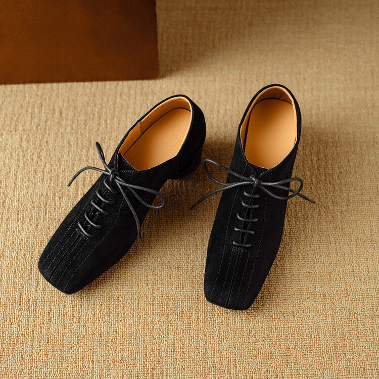 Womens New Retro Sheepskin Chunky-Heel Pumps With A Square Toe 