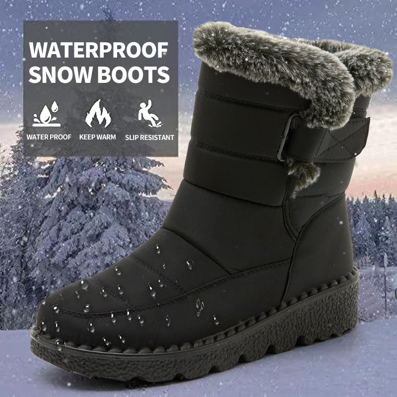 Snow Boots Winter Warm Hook And Loop Fastener Plush Shoes Women Waterproof Low Heels Platform Ankle Boots 