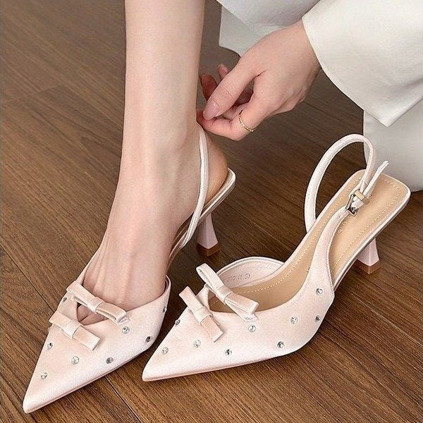 2026 Spring-Summer New Closed Toe Slingback Heeled Sandals For Women, Stiletto Heel With Bowknot, Rhinestone Fashion High Heels, European & American Style 