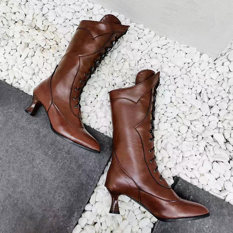 Lace-up Martin Boots Wine Cup Heel Round Toe Large Size Women's Boots 